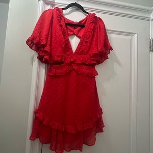 Red open back, low cut, ruffle mini dress